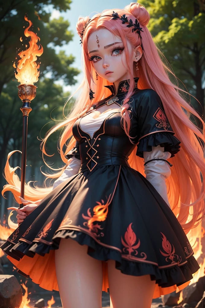 (Melhor qualidade,ultra-detalhado,realista:1.37)、Fada da Chama、Uma mulher de 18 anos、Personification of the flame、(olhos afiados:1.5)、Olhar encantador、Flame Hair Ornament、(Fada com asas:1.5)、(Trajes com motivos de chamas、Emphasis on flame characteristics)、nature scenery、corpo todo