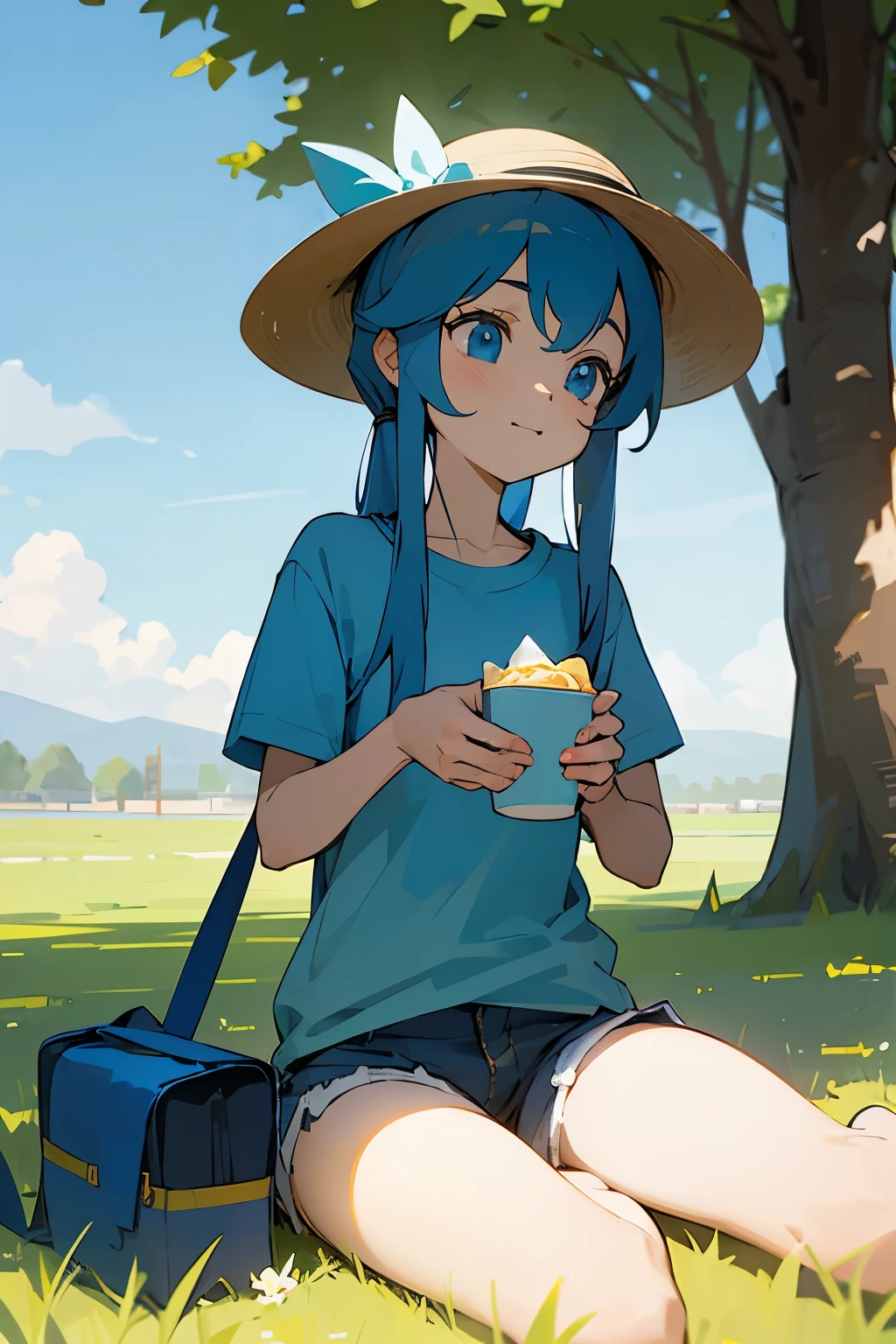 Spring steppe、Lunchtime with pleasant sunshine、Eating lunch、25 year old female、lunch break on the grass、Pale light blue T-shirt、shorts、cute hat、looking at the camera
