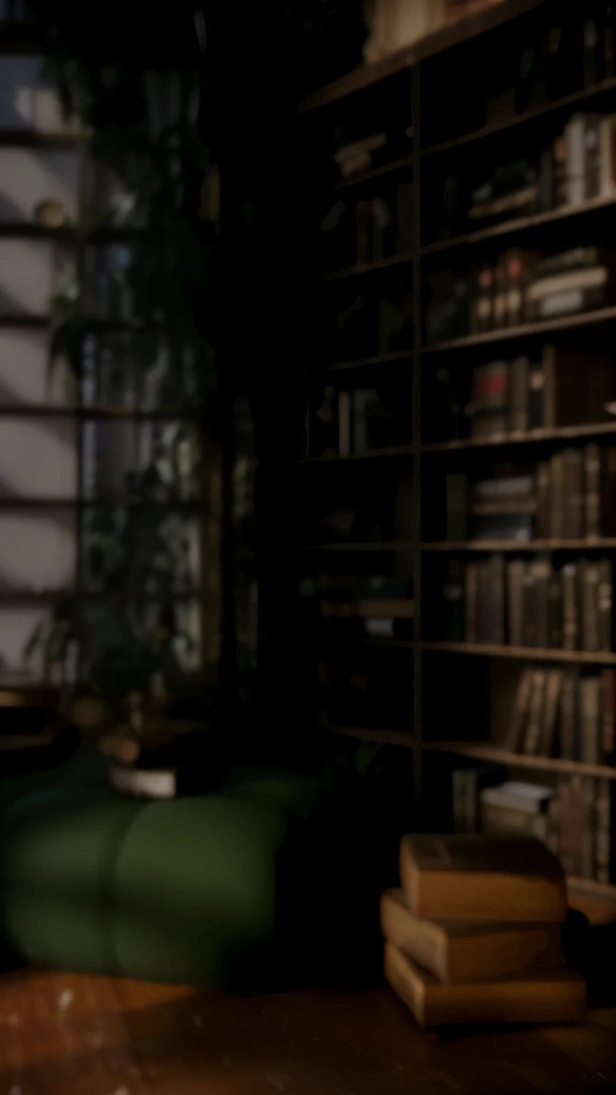 There is a cat sitting on a chair in the room, alchemist library background, library background, tilt shift library background, blurry background of the library, library interior background, gloomy library, dusty library, personal room background, magical library bokeh, in a gloomy library, some background blur, Realistic cinematic rendering, dark library, Detailed architectural visualization renderings, background = library