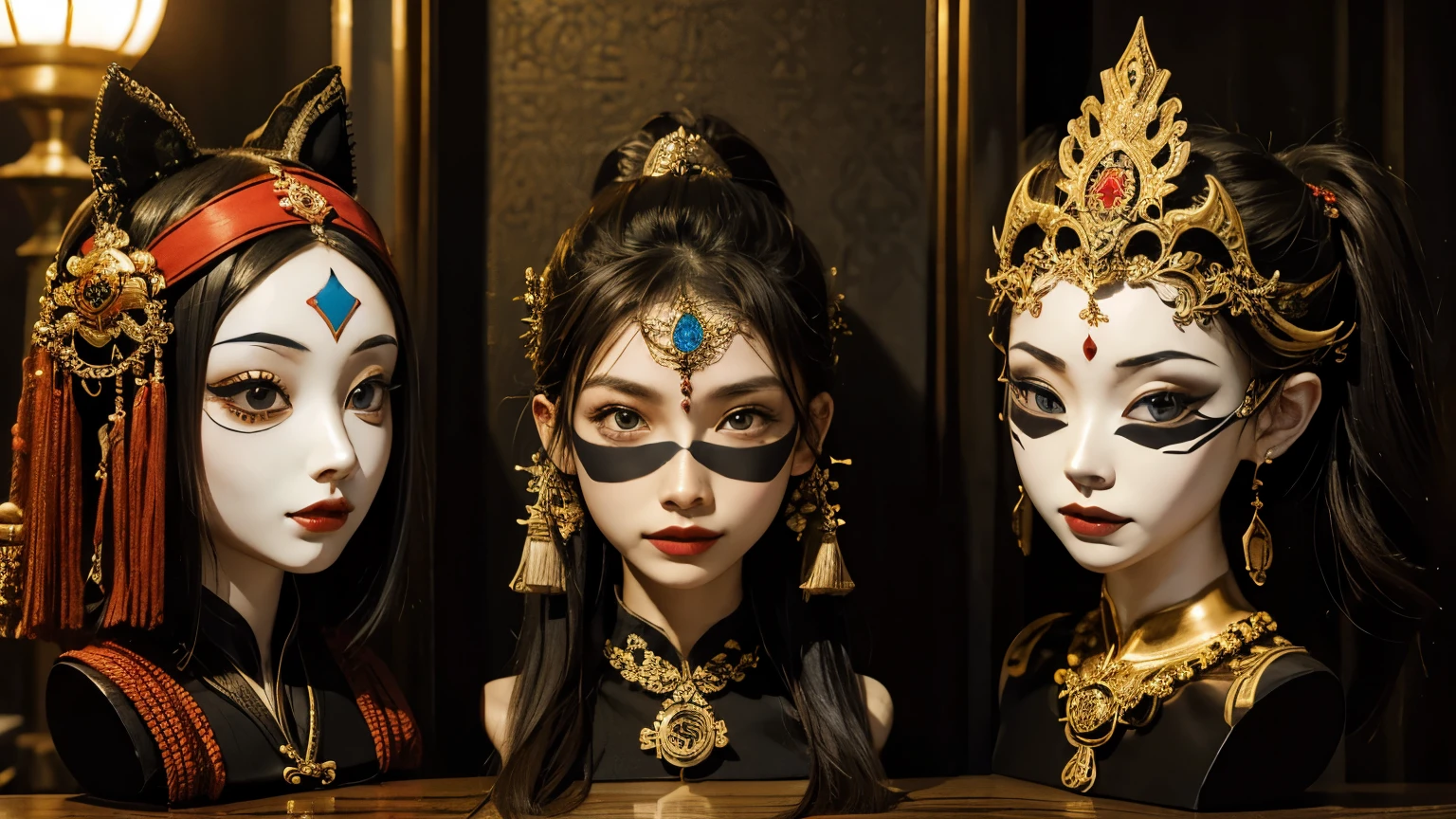 Three masks used in rituals Asia decoration fear paint