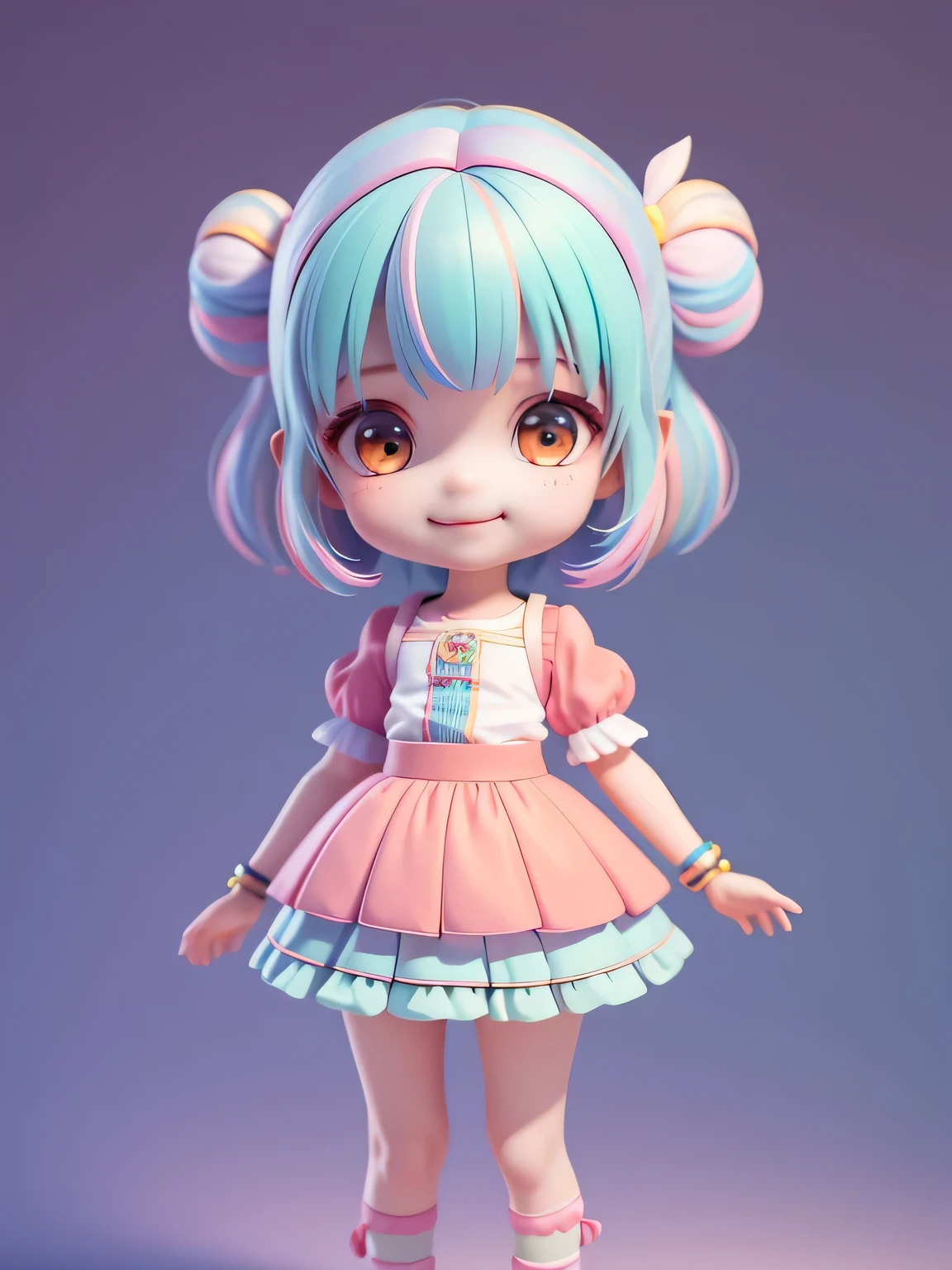 (masterpiece), (better quality), (Super detailed), (whole body: 1.2) Cute wearing skirt with clear smile, whole body, :3, Multi-colored hair, short, adopt, fear, modern, modern accessories, Simple pastel tone background.
