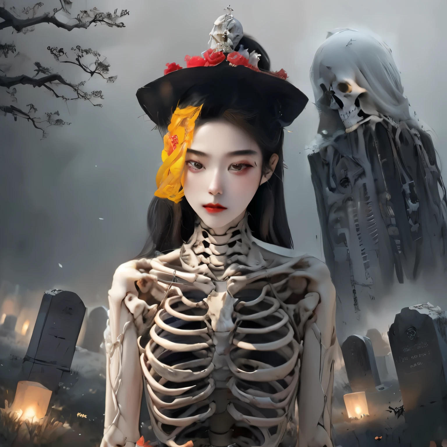 there is a woman with a skeleton headdress and a skeleton in a cemetery, hone onna skeleton geisha, goddess of death in a graveyard, goddess of death, inspired by Fenghua Zhong, eerie art style, skeleton girl, jingna zhang, xue han, saint skeleton queen, wenfei ye, inspired by Xie Huan, lulu chen