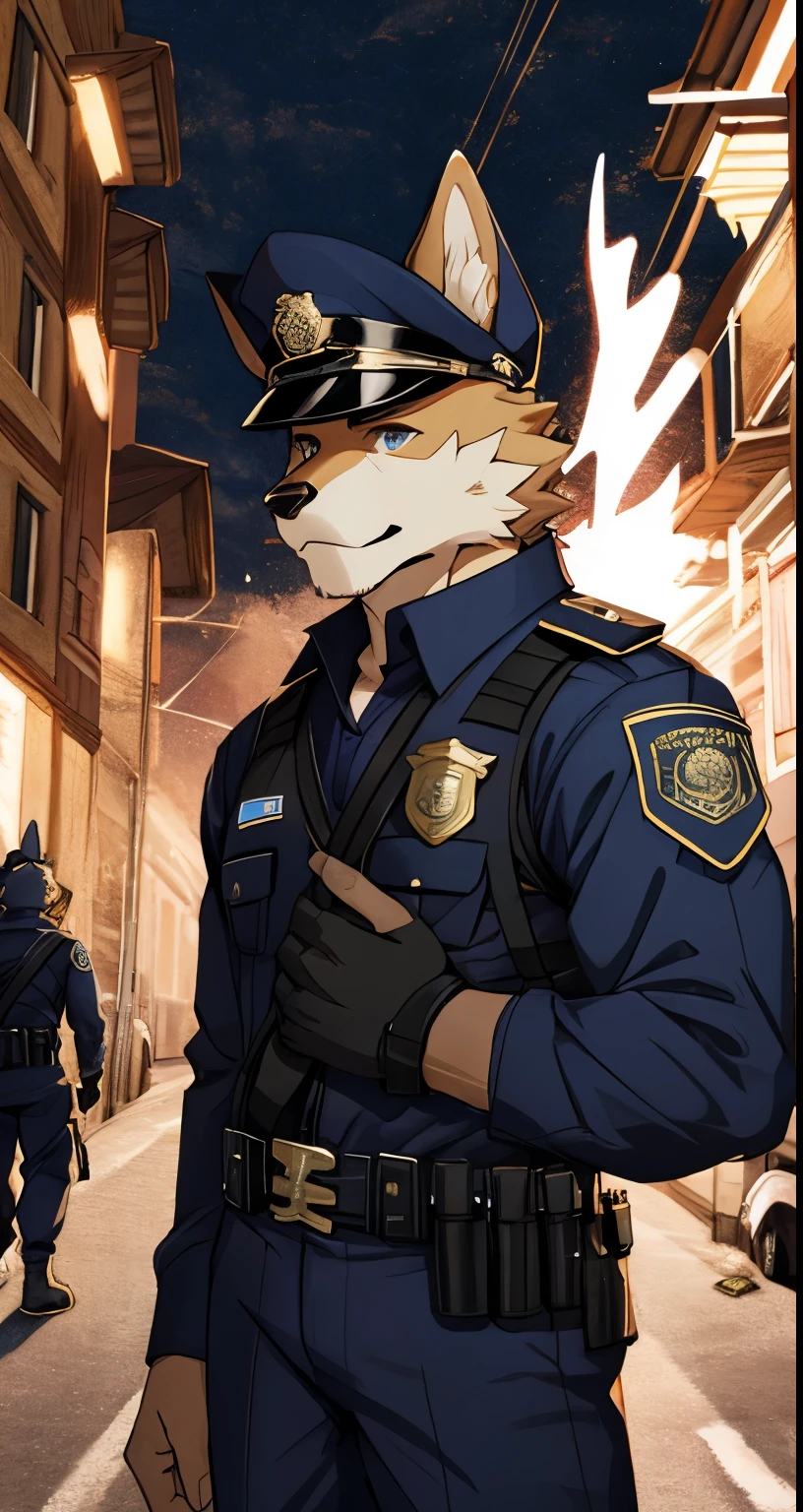 top quality, best quality, highres, masterpiece, super high resolution, detailed background, street, gasping for air(super handsome boys, dog)police officer, swat, police uniform, 6+boys, 6+girls, absurdres(highly detailed beautiful face and eyes)perfect anatomy, good lighting, volumetric lighting, cinematic shadow(kemono, furry anthro), 