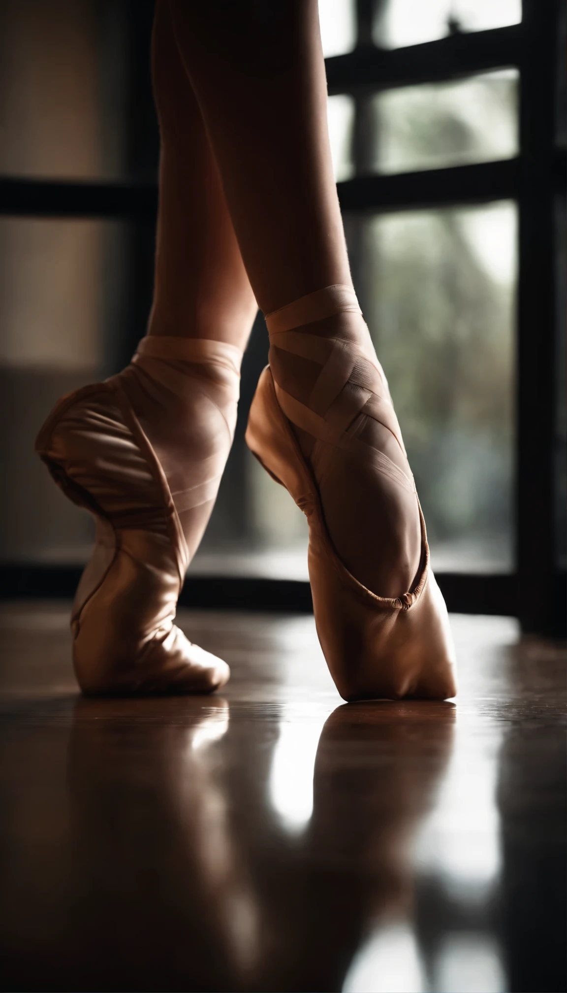 composition:Close-up of a pair of legs,close-up;Dancer wearing ballet shoes in dance studio,Wooden floor,Surrounded by mirror walls;dark tone,indoor lighting;Still life realism,Multiple point light sources;white wall,barre。Ultra HD quality,8K,Ultra clear details,Award-winning works,masterpiece,Photographer's work。