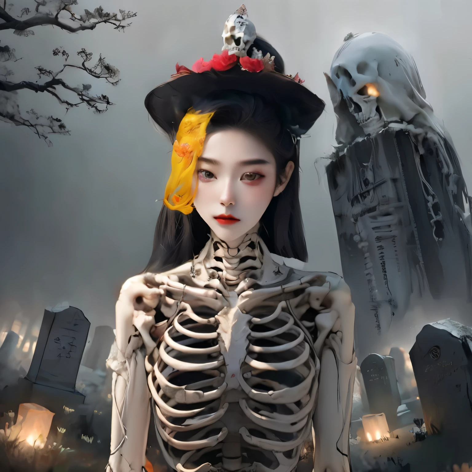 there is a woman with a skeleton headdress and a skeleton in a cemetery, hone onna skeleton geisha, goddess of death in a graveyard, goddess of death, inspired by Fenghua Zhong, eerie art style, skeleton girl, jingna zhang, xue han, saint skeleton queen, wenfei ye, inspired by Xie Huan, lulu chen