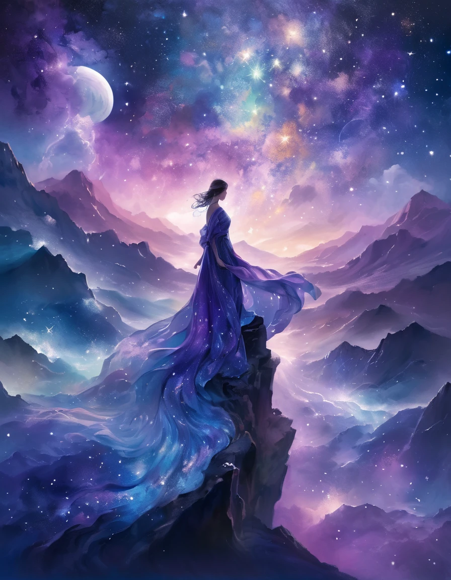 A figure stands on a cliff, enveloped in swirling streams of cosmic energy, amidst a dreamy, nebulous landscape. The silhouette of the person is wrapped in a flowing, ethereal gown that merges with the celestial currents. The sky is a tapestry of deep purples and blues, sprinkled with stars, and the landscape below is hinted at with soft, rolling mountains. The scene is one of tranquility and the sublime, capturing the majestic essence of the cosmos with a single, contemplative figure standing in awe.