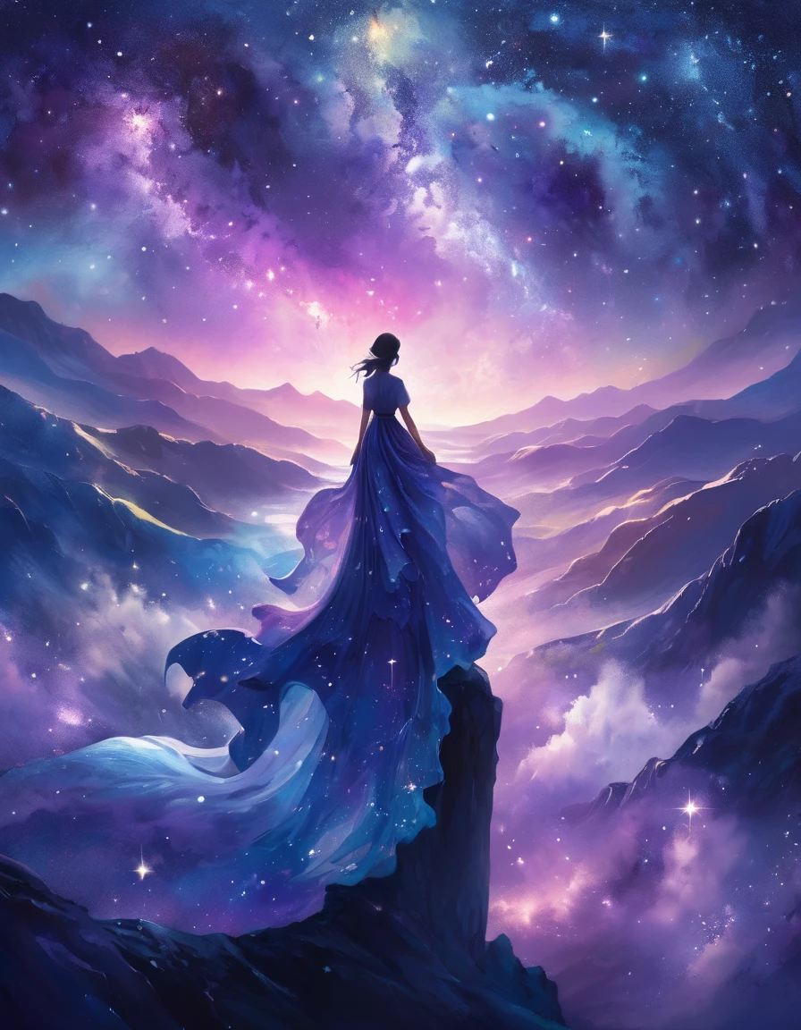 A figure stands on a cliff, enveloped in swirling streams of cosmic energy, amidst a dreamy, nebulous landscape. The silhouette of the person is wrapped in a flowing, ethereal gown that merges with the celestial currents. The sky is a tapestry of deep purples and blues, sprinkled with stars, and the landscape below is hinted at with soft, rolling mountains. The scene is one of tranquility and the sublime, capturing the majestic essence of the cosmos with a single, contemplative figure standing in awe.