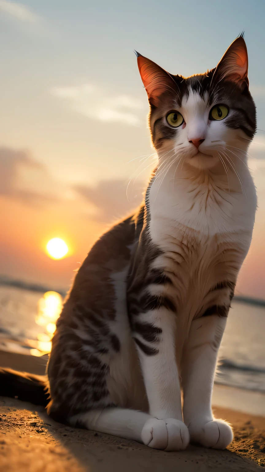 Beautiful cat in seashore , sundown, (Emo art:1.6), closeup, from below, bokeh,