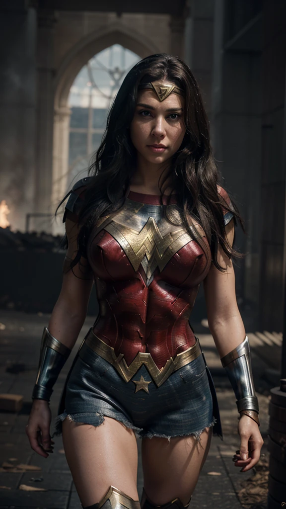 Realistic photo of wonderwoman, beautiful, sparkling eyes, hyper realistic skin, highly detailed complexity, large breasts, big ass, torn clothes, 8D, 8K, DC CINEMATIC
