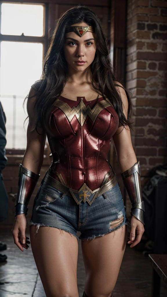 Realistic photo of wonderwoman, beautiful, sparkling eyes, hyper realistic skin, highly detailed complexity, large breasts, big ass, torn clothes, 8D, 8K, DC CINEMATIC