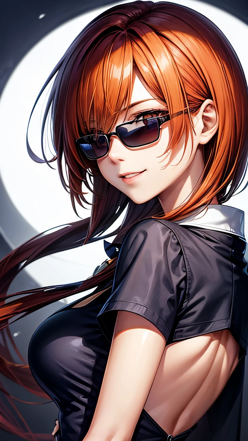 29 years old Japanese active girl ((very small breast , very slender)),straight hair ((shiny deep orange color , very short hair )),((asymmetrical much shaggy long forelock)),BREAK, ((jet-black dress shirt, deep indigo vest )) , looks tidy and enjoyable smile ,BREAK, big droopy eyes, ((dark purple sunglasses)), blush , BREAK, cheerful and eloquent atmosphere,((face focus:1.3)),(( looking back pose)), best quality