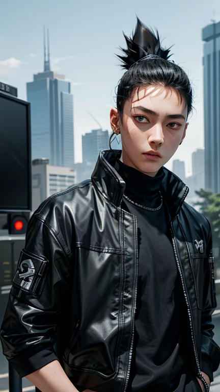 Masterpiece, 1boy, Superb Style, cyberpunk style, Streetwear clothes, Outdoor, Upper Body, Shikamaru nara, bright eyes, black hair, cool boy