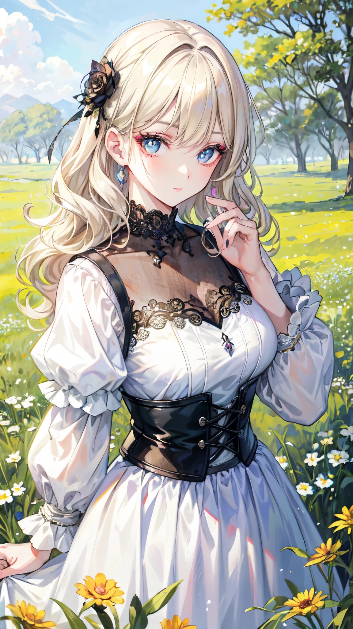 (masterpiece:1.2), (best quality:1.2), perfect eyes, perfect face, perfect lighting, 1girl, mature female in a field, medium blond hair, curly hair, detailed clothes, detailed outdoor background, makeup, eyeshadow, thick eyelashes, fantasy, looking at the viewer, spring