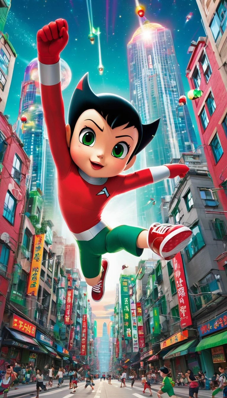 Cartoon,Astro Boy flying through a bright and colorful city Astro Boy is in the center of the photograph, flying with one hand raised high, black hair, large eyes. and wore red shoes with lights on coming out of the shoe sole Wears black shorts with a green belt.
The background of the picture is a city with tall buildings.
