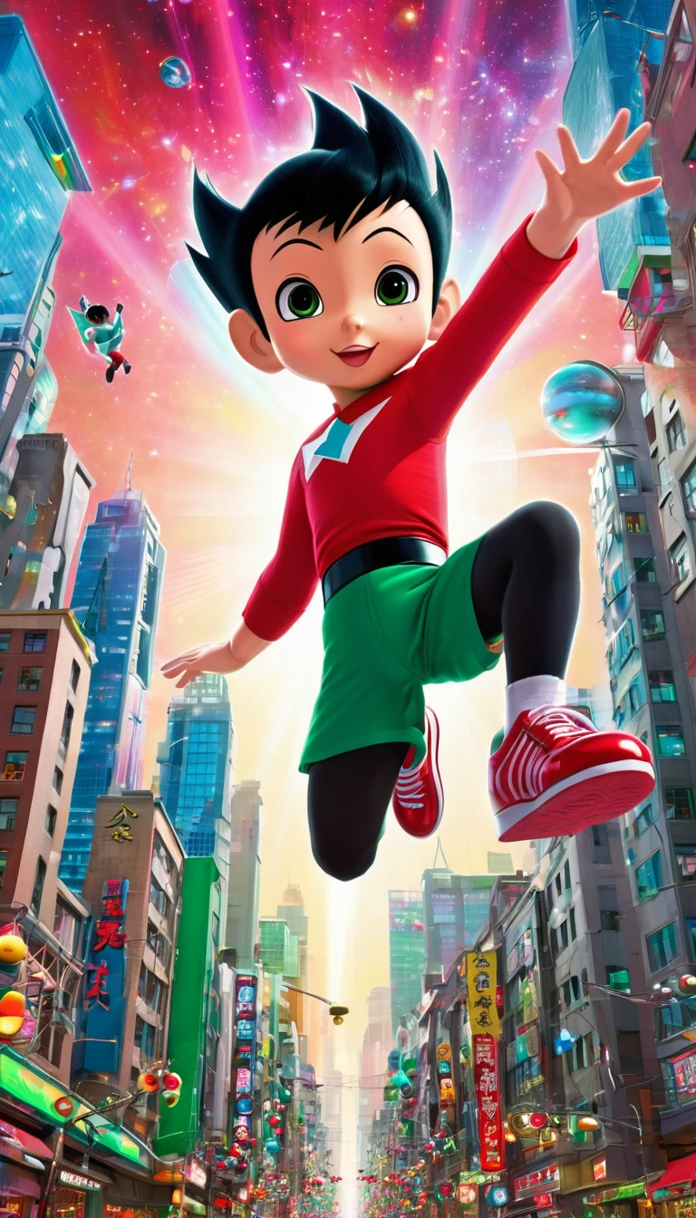 Cartoon,Astro Boy flying through a bright and colorful city Astro Boy is in the center of the photograph, flying with one hand raised high, black hair, large eyes. and wore red shoes with lights on coming out of the shoe sole Wears black shorts with a green belt.
The background of the picture is a city with tall buildings.