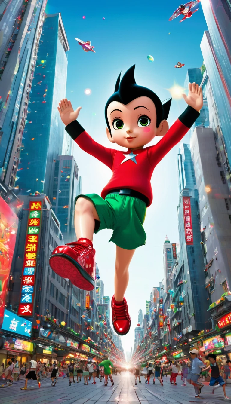 Cartoon,Astro Boy flying through a bright and colorful city Astro Boy is in the center of the photograph, flying with one hand raised high, black hair, large eyes. and wore red shoes with lights on coming out of the shoe sole Wears black shorts with a green belt.
The background of the picture is a city with tall buildings.