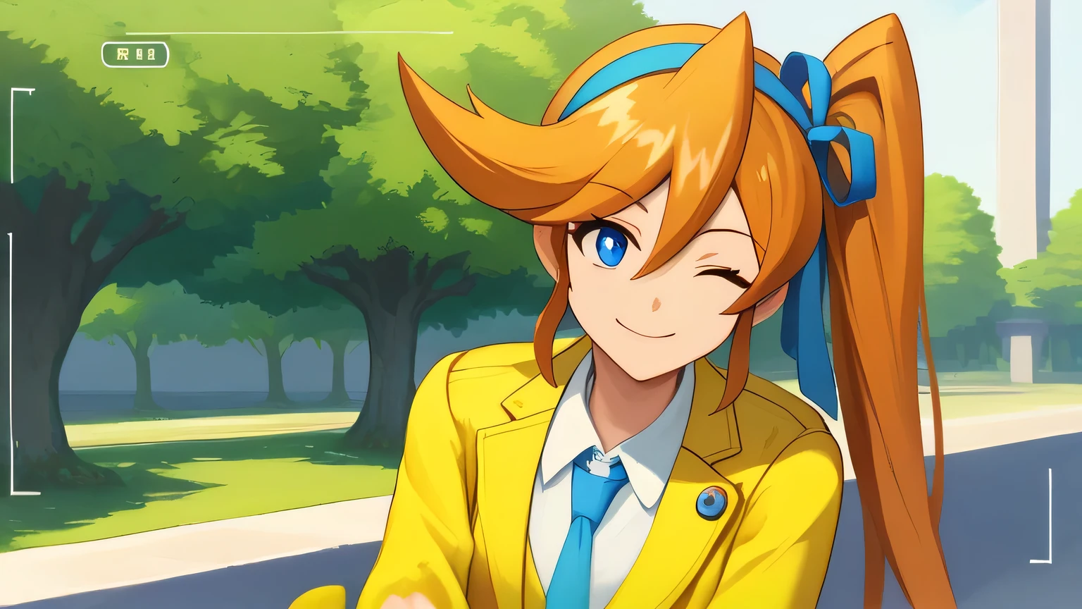 score_9, score_8, score_7, source_anime,
anime, official art,
rating_general,
aacykes, hair ribbon, side ponytail,
necktie, yellow jacket, yellow skirt,
1girl, head tilt, solo, palms together, blue eyes, smile, blissful, park, high quality, 4k, 8k, UHD, wink, one eye closed