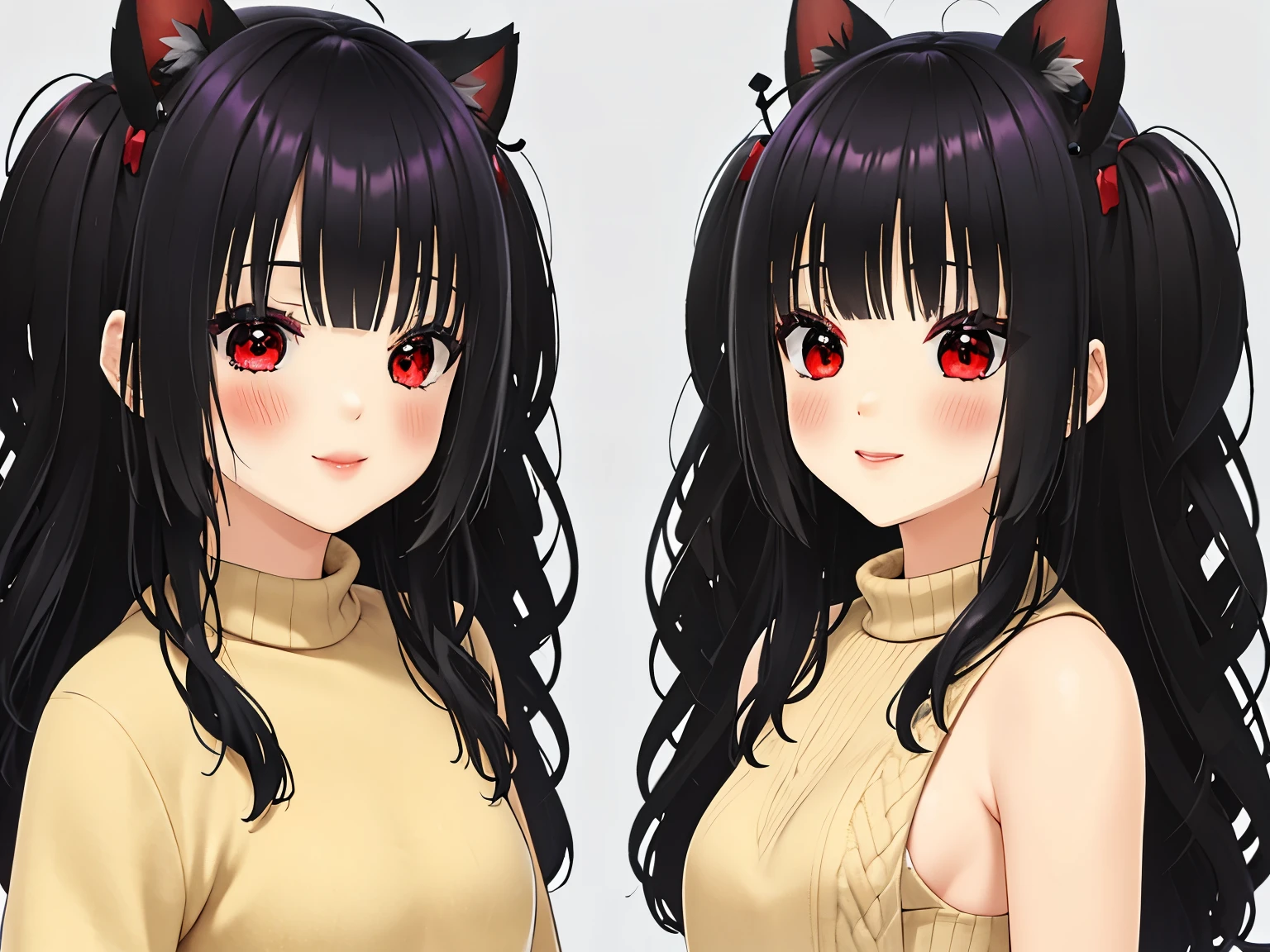 obra maestra,of the highest quality,high resolution ,1 chica,rapid eye movement, re cero, ,((long hair slightly wavy slightly past the shoulders, black bangs, small black pigtails on the sides, cute cat ears, beautiful thin red eyes)),,pechos grandes,piel blanca,((sweater,transparente)),((raya)),((sweaterのみ)),bolsas debajo de los ojos,sonrisa,orejas de animales,Chemomimi,felicidad,hombros descubiertos,magnificent々nuevo,lindo,((lindo paisaje))