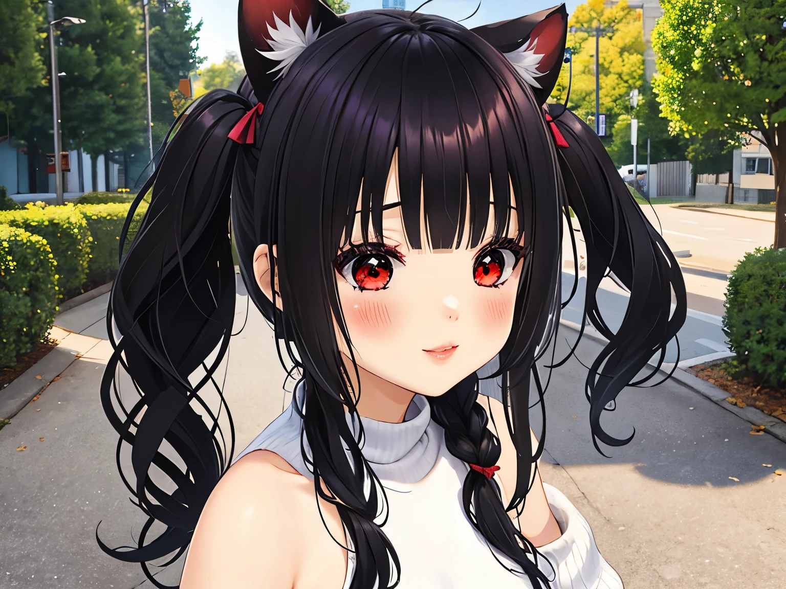 obra maestra,of the highest quality,high resolution ,1 chica,rapid eye movement, re cero, ,((long hair slightly wavy slightly past the shoulders, black bangs, small black pigtails on the sides, cute cat ears, beautiful thin red eyes)),,pechos grandes,piel blanca,((sweater,transparente)),((raya)),((sweaterのみ)),bolsas debajo de los ojos,sonrisa,orejas de animales,Chemomimi,felicidad,hombros descubiertos,magnificent々nuevo,lindo,((lindo paisaje))