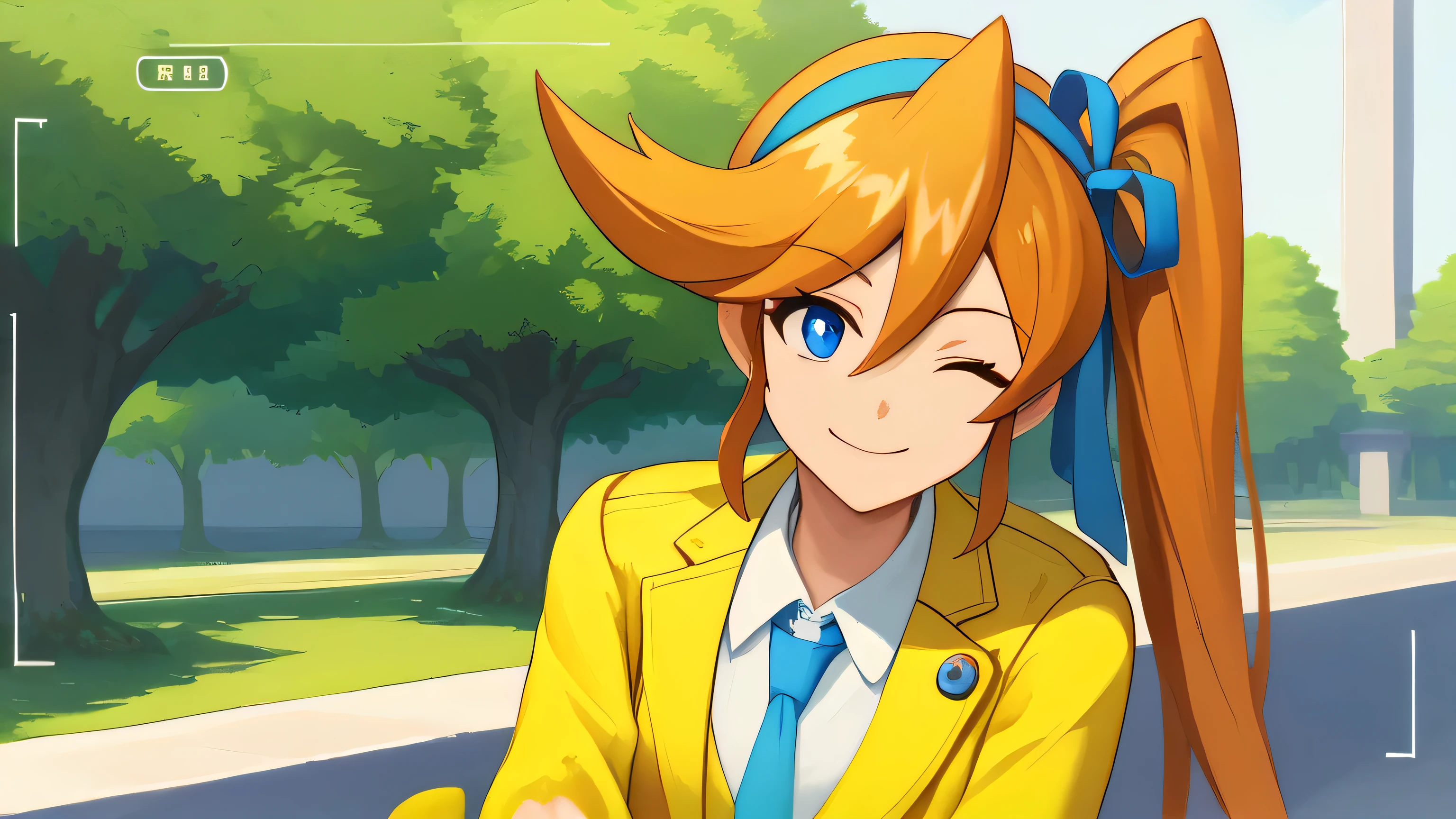 score_9, score_8, score_7, source_anime,
anime, official art,
rating_general,
aacykes, hair ribbon, side ponytail,
necktie, yellow jacket, yellow skirt,
1girl, head tilt, solo, palms together, blue eyes, smile, blissful, park, high quality, 4k, 8k, UHD, wink, one eye closed