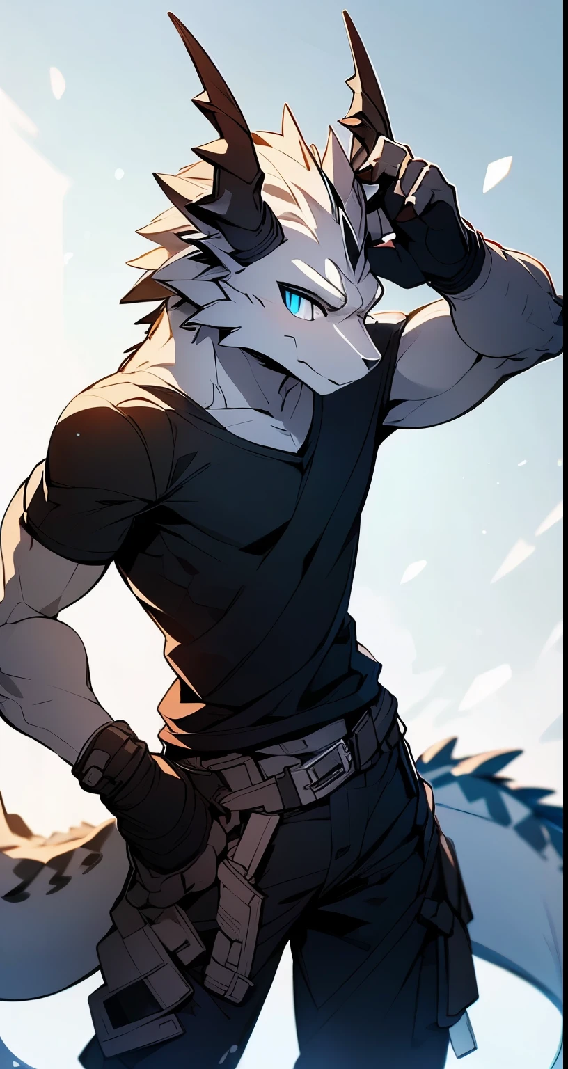 Masterpiece, Cool Pose, Furry Gray Dragon, Medium Strong Body, Blue Eyes, Grey Medium Hair, Combat Black Shirt, Combat Gloves, Combat Pants, Fierce, Good looking