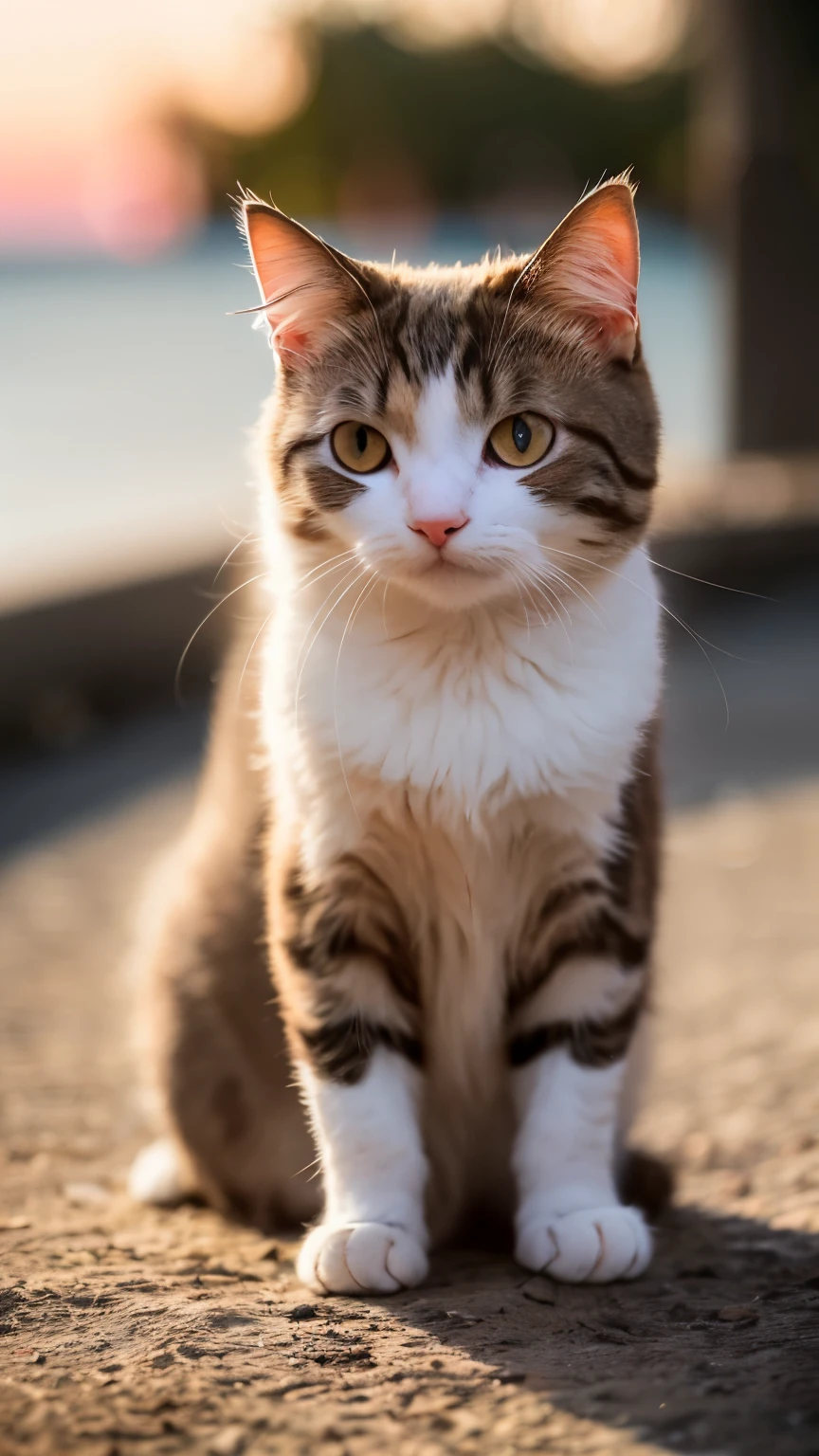 Beautiful cat in seashore , Orval eyes, sundown, (Emo art:1.6), closeup, from below, bokeh,