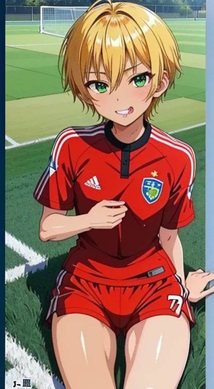 (((Official Art,Ultra-thin illustration,High resolution, Pieces fly, 最high quality,最high quality,)))high quality, detailed, (Little men),12 years old,(((alone)))、 A very cute young ace striker male idol,A boy as beautiful as Planding, Smiling cool handsome face, soccer spike, Long legs, Thighs, Footz, No bulge, (blonde、short hair)、Shiny Hair, (Tight and shiny random color soccer uniform suit), (Tight and shiny soccer shorts), (Soccer socks), Grass area, Cool pose, (厚いThighs、Big ass tempting you)、(((Soccer field in the park)))、((Saucy、))、Grin、Spread your legs,Ultra-fine painting, (最high quality, In 4K, 8k, High resolution, Pieces fly:1.2),Service shot、((detailedな目:1.2))、Show off your big butt、Proud ass、