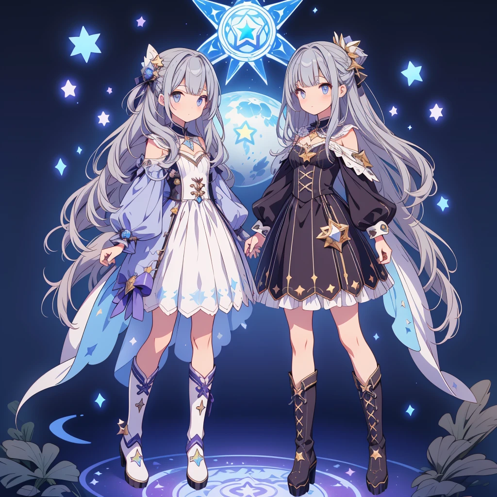 Star Fairy、Full body front portrait、front、1girl,highest quality、masterpiece、official art、Super detailed、super beautiful、Cute Star Fairy、gray hair、straight long hair、Milky Way、universe、star charm、star、、Knee-high boots、