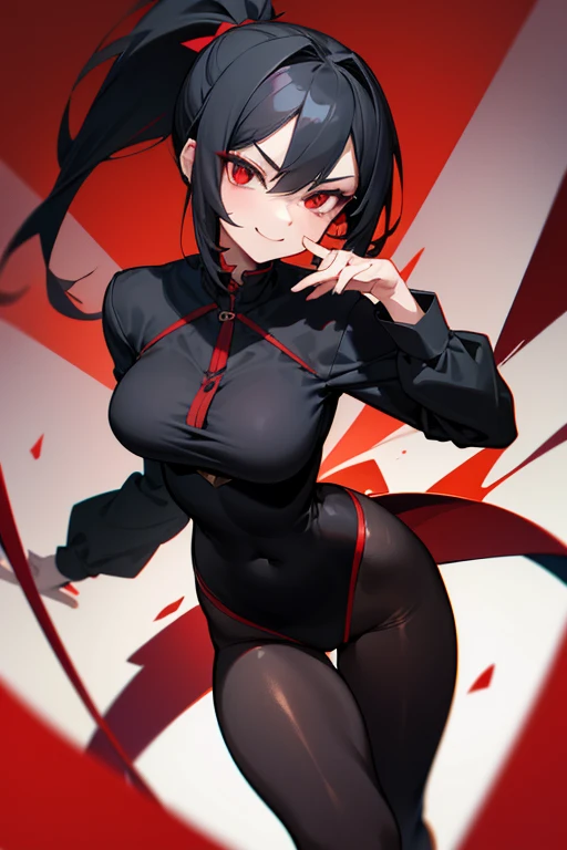 A young girl with ponytail hairstyle, (black hair:1.2), (red eyes:1.2), smirk smile face with crazy eyes, thick thighs and medium breasts and slender waist, red caplet, black long sleeves, black pantyhose, 4k, masterpiece, high-end, high quality