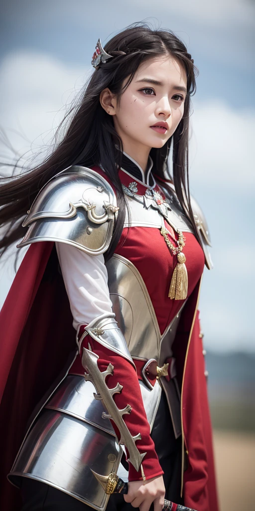 1girl,woman, incredibly absurdres, ultra-detailed, extremely detailed, depth of field, wind, Amazing, beautiful detailed eyes, disheveled hair, closed mouth,extremely detailed,(masterpiece, best quality:1.2)，Armor, red cape, black hair, fine armor,Battlefield princesses, swans, white feathers, swords, gray skies, blood, scars, tattoos,