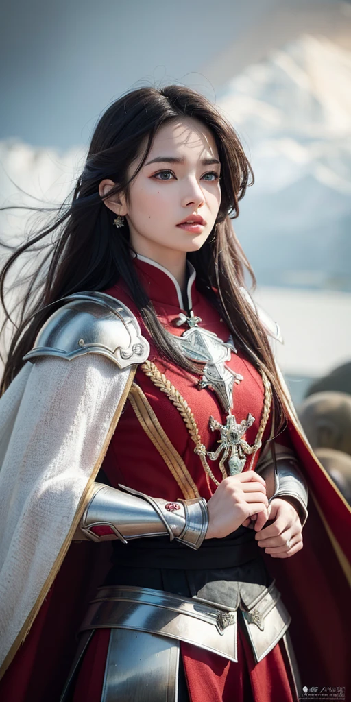 1girl,woman, incredibly absurdres, ultra-detailed, extremely detailed, depth of field, wind, Amazing, beautiful detailed eyes, disheveled hair, closed mouth,extremely detailed,(masterpiece, best quality:1.2),Armor, red cape, black hair, fine armor,Battlefield princesses, swans, white feathers, swords, gray skies, blood, scars, tattoos,