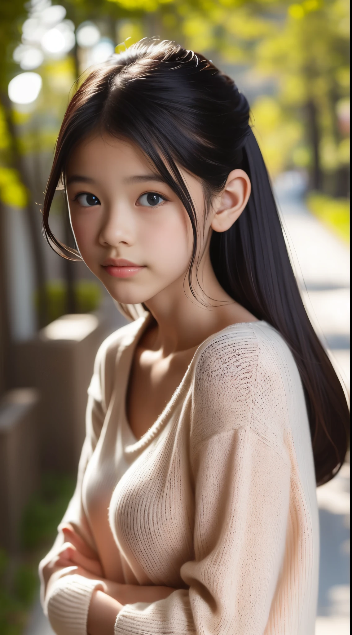 standing under the cherry tree, japanese girl, 15 years old, little, cute, (pale pink oversized knitted sweater), pupils sparkling, black twintail hair, depth of field, f/1.8, anatomically correct, textured skin, super detail, high details, high quality, super detail, high details, high quality, best quality, highres, (best quality, masterpiece:1.2), side view, ((a beautiful woman with a full body tattoo)), perfect body, small breasts, real style, simple lines, skinny, ((young jenna ortega)) a portrait photograph of a beautiful ((15 year old)) girl, award winning photo, best quality, portrait by annie leibovitz, canon 5d mark ii, film, professional photograph, (rich colors:1.1), hyper realistic, lifelike texture, (natural lighting:1.1), (Canon EF 85mm f/1.4L IS USM), dramatic lighting, (highly detailed face:1.4), perfect eyes, realistic iris, perfect teeth, (background dark, shadow of the leaves), ((cleavage)), (tempting, alluring smile), (nudist), ((fit body)), arms behind back
