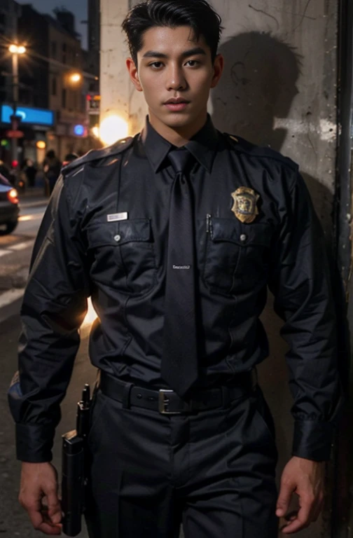 1 young handsome guy，20-25 years old，police officers，Interpol，Police Department，With a gun，Handsome，musculous，Thin muscles，hairy bodies，Police uniform（Fine eye 1：3），Black eyes，full bodyesbian，full bodyesbian ，epic realism, epic photorealistic 