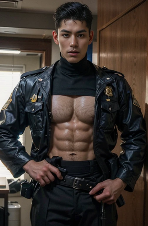 ung handsome guy,20-25 years old,police officers,Interpol,Police Department,With a gun,Handsome,musculous,Thin muscles,hairy bodies,Police uniform(Fine eye 1:3),Black eyes,full bodyesbian,full bodyesbian ,epic realism, epic photorealistic