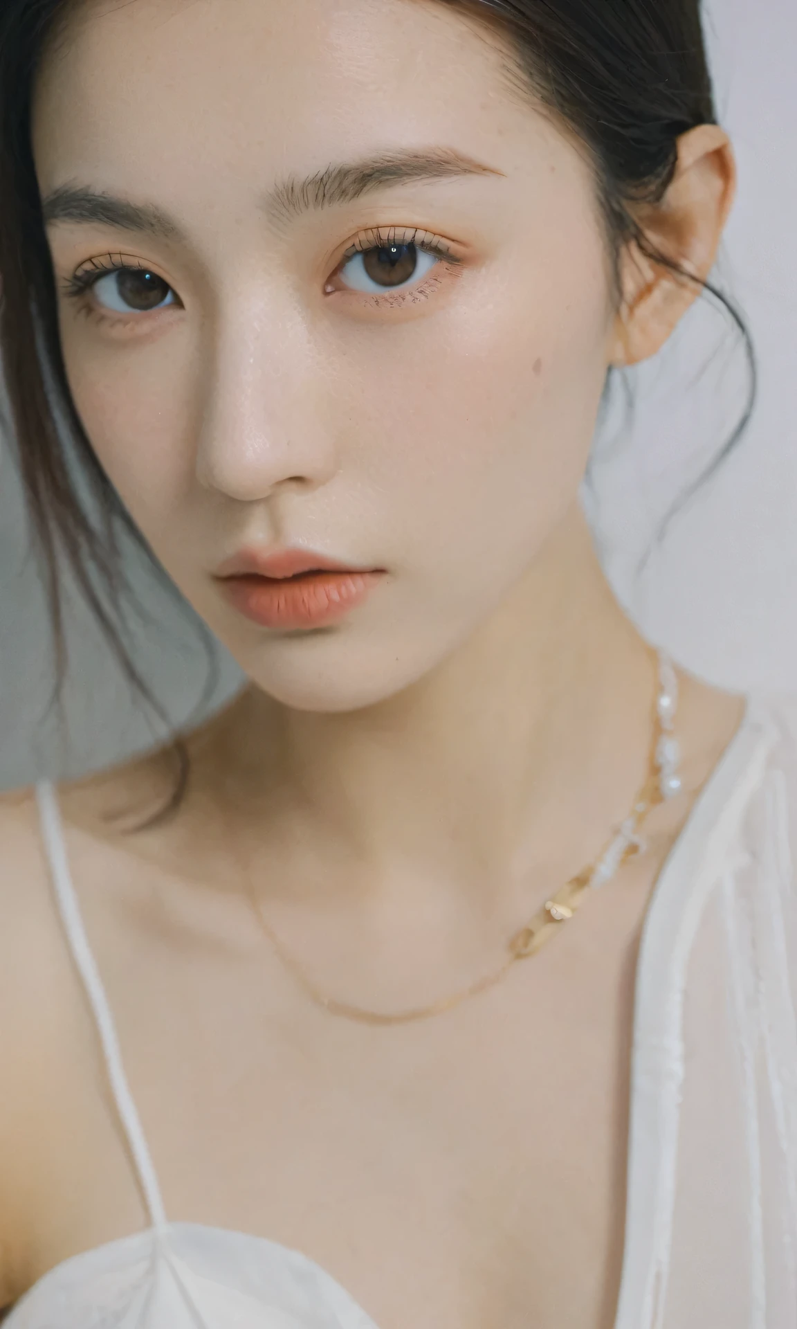 xxmixgirl,Thorough, analog style, eye focus, highest quality, (highly detailed skin), photo of a exquisitely beautiful pale skin, 21yo, perfect face, alluring eyes, (seductive makeup), skin pores, (bokeh:1.2), sharp focus, dappled lighting, (backlighting), film grain, photographed on a Sony A7R IV, 18mm F/1.7 cine lens, (highly detailed, intricately detailed), 8k, HDR, seductively posing, front view, (uppper body: 1.2), studio light, Ultra-detailed face, Detailed eyes, (Double eyelid: 1.4), alice toggle, brown eye, (commercial: 1.4), doll face, (white studio background: 1.8), (Pretty woman with emphasizing slender abs :1.3), (white oversized tank top :1.2), (portrait: 1.3)