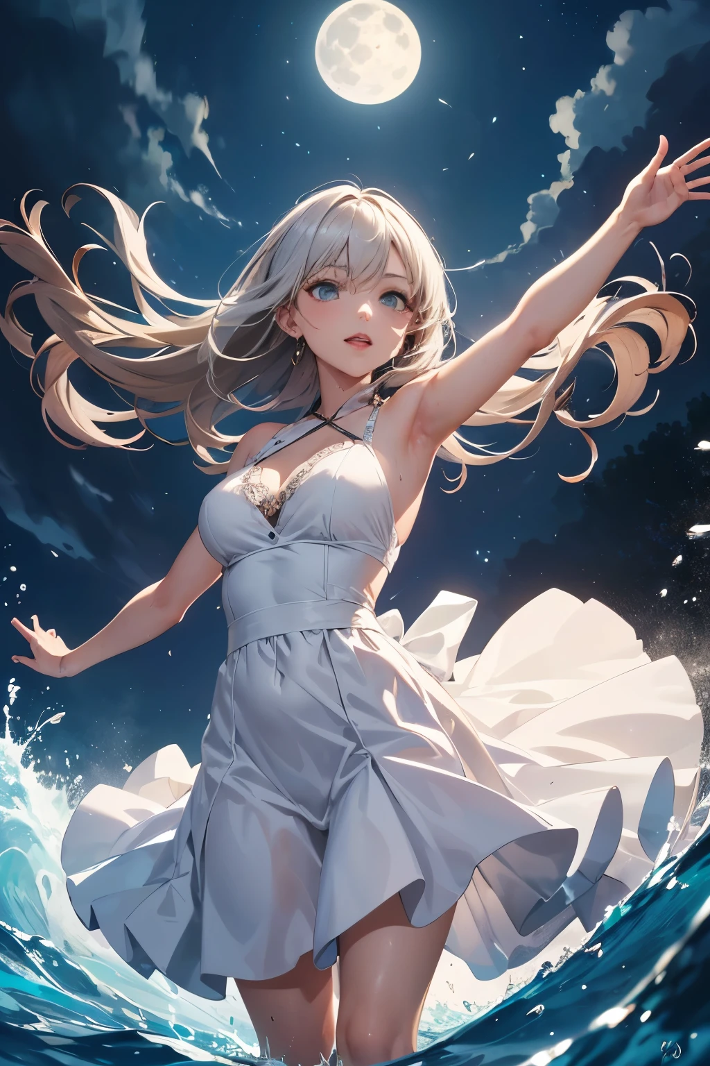 A mature woman with her arms outstretched and feeling the wind at the tip of a luxury cruise ship, long hair, illuminated by moonlight, splashing waves, a masterpiece, her white dress getting wet, staring at me.