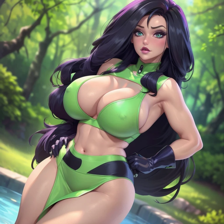 Best quality, masterpiece, ultra high res, (photorealistic:1.4), raw photo, 1girl, Shego, milf, huge tits, huge ass, big thighs, detailed hands