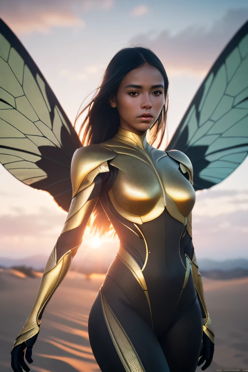 (masterpiece), (very complicated:1.3), (realistic), girl portrait, the most beautiful in the world, (insect-like wings), scale powder reflection, outdoor, intense sunlight, distant dune, Stunning female professional photo details, sharp focus, dramatic, Award history, cinematic lighting, Octane Rendering Unreal Engine, volumetrics dtx, (film grain, blurred background, blurred foreground, Bokeh, Depth of the bounds written, sunset, motion blur:1.3), thin clothing