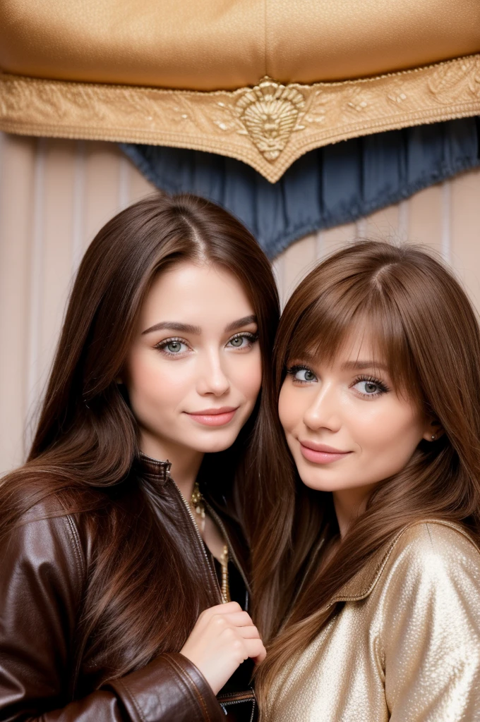 Professional photograph, best quality, 8K, hyper detailed, half body, A close up portrait of two gorgeous, beautiful, wonderful women, argentinian and russian females together posing for the camera, both women have super long hair, argentinian girl has brown hair and russian girl has dark blonde hair, the both of them are wearing winter clothing, both girls are wearing leather jackets. Both women are wonderful, dream, ethereal, timeless, majestic beauties from Argentina and Russia, they're glad, smiling and enjoying taking a picture. There are a argentinian and a russian flag at bottom