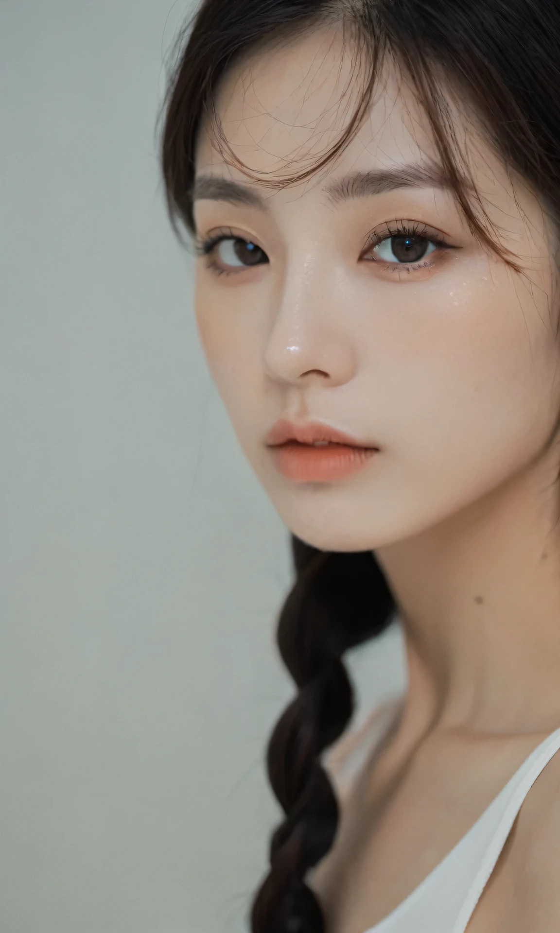 xxmixgirl,Thorough, analog style, eye focus, highest quality, (highly detailed skin), photo of a exquisitely beautiful pale skin, 21yo, perfect face, alluring eyes, (seductive makeup), skin pores, (bokeh:1.2), sharp focus, dappled lighting, (backlighting), film grain, photographed on a Sony A7R IV, 18mm F/1.7 cine lens, (highly detailed, intricately detailed), 8k, HDR, seductively posing, front view, (uppper body: 1.2), studio light, Ultra-detailed face, Detailed eyes, (Double eyelid: 1.4), alice toggle, brown eye, (commercial: 1.4), doll face, (white studio background), (Pretty woman with emphasizing slender abs :1.3), (white oversized tank top :1.2), (close up: 1.3), (Asian beauty: 1.4)