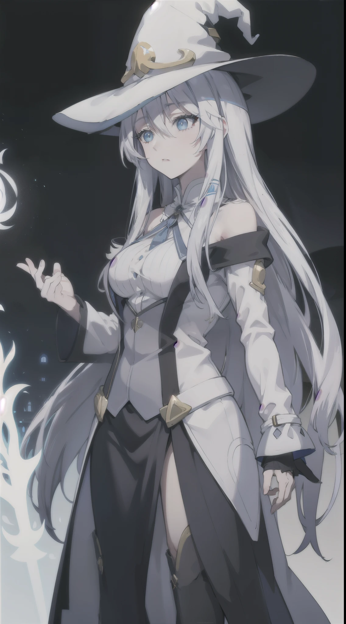 witch　wizard　blue eyes　Long white hair　big breasts　black　long coat