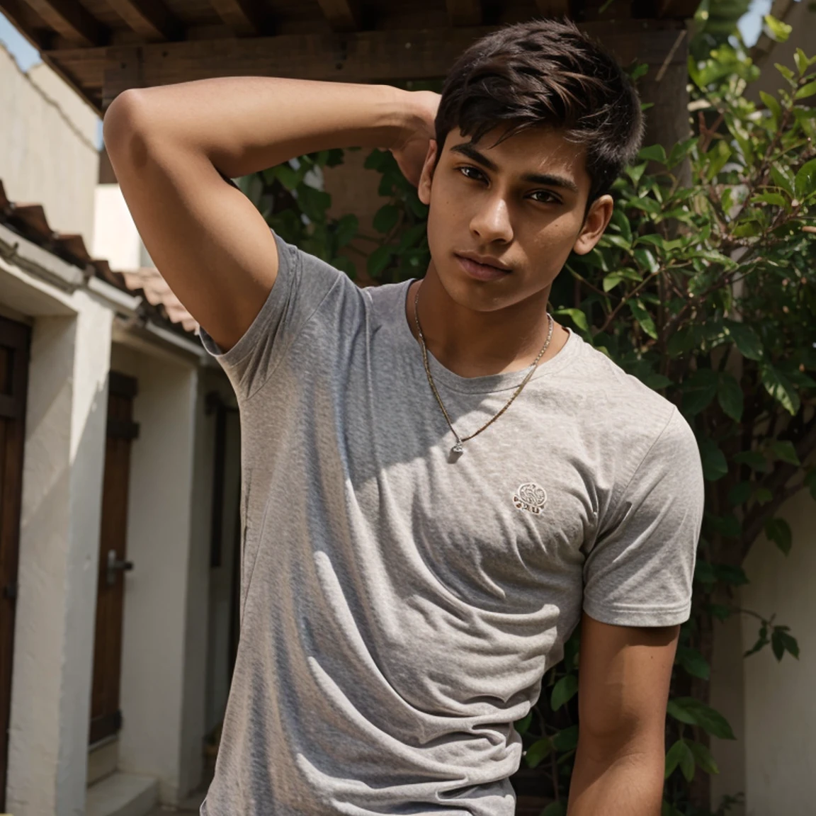 A cute, beautiful, male young man with a twinkle in his eye, with black hair, a feminine, obedient, innocent face, and he is in a beautiful duck farm, and he is climbing on the fence, looking proudly.