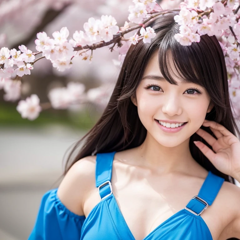 The eyes of a beautiful age Japanese female popular idol wearing a blue costume with a futuristic design looking back at the cherry blossoms in full bloom and smiling. Focal length 100mmf/2.8, Somei Yoshino flowers in full bloom, a blizzard of cherry blossom petals dancing and filling the space, an ideal light source, a well-shaped face, the best smile, white teeth, a toned body, a member of an idol unit. Cherry blossom viewing, realism, close-up of eyes, 8K image quality, highest quality.