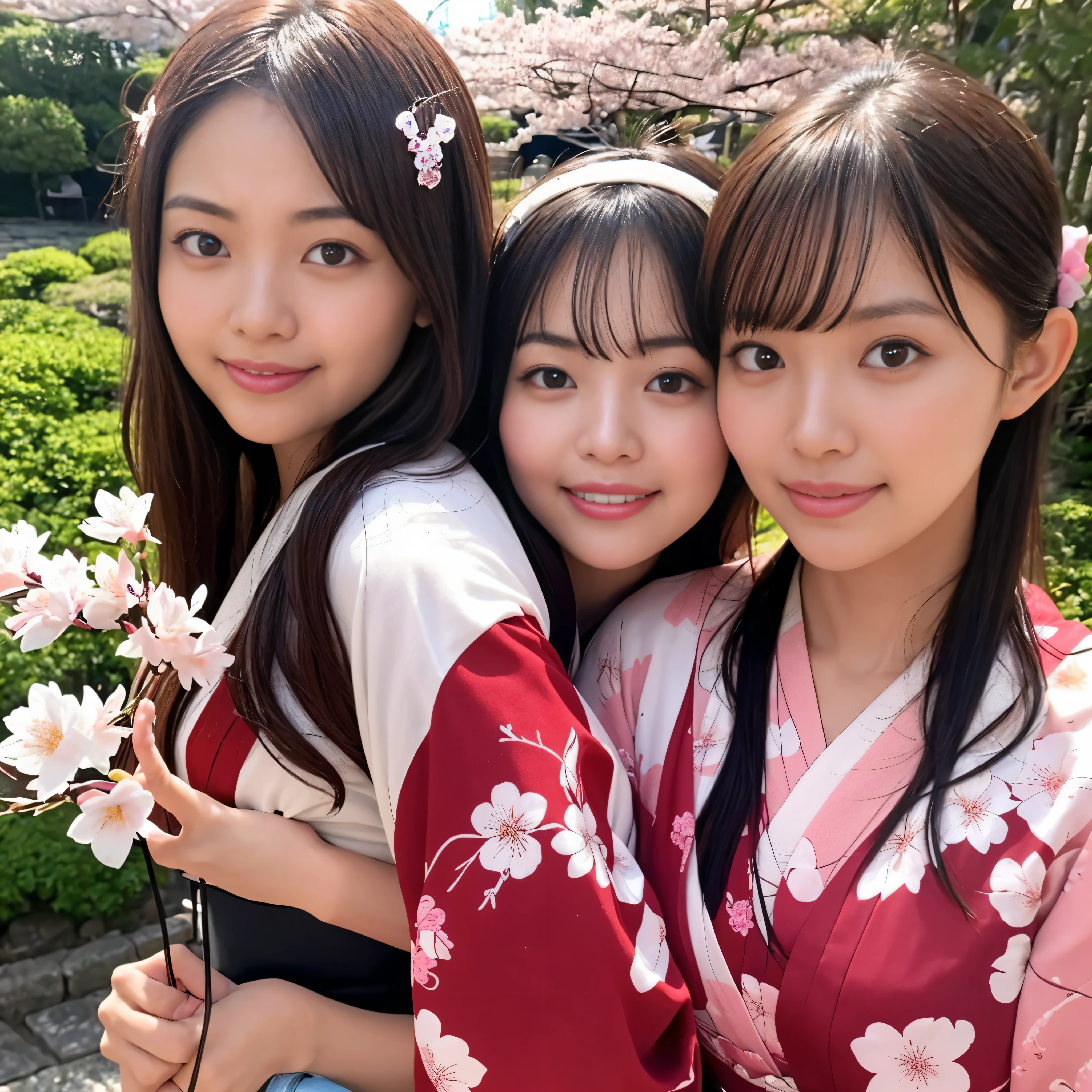 (best quality,realistic), (portrait), (Japanese,geisha), (18 years old,youthful), (beautiful detailed face,smooth skin),(perfect proportion),(neatly arranged hair),(hairpin,hair accessory), (stunning cherry blossom patterned kimono), (furisode), (gorgeous obi), (looking at the camera), (Okayama Prefecture's Koraku-en Garden's cherry blossoms), (in full bloom), (breathtaking cherry blossoms)