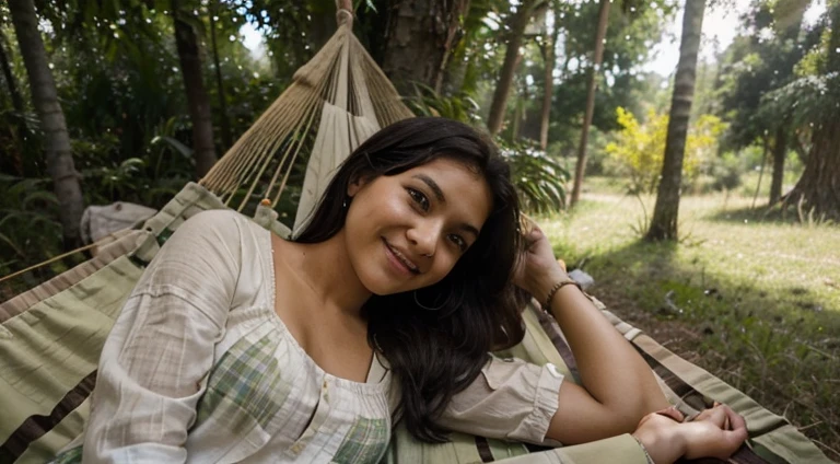 a woman laying in a hammock in the grass, a picture, inspired by Naza, tumblr, sumatraism, with a beautifull smile, islamic, profile pic, bbwchan, good young girl, meme format, on wooden table, in love selfie, old picture, leaked, in a forest, facebook, with yellow cloths, sweet and innocent