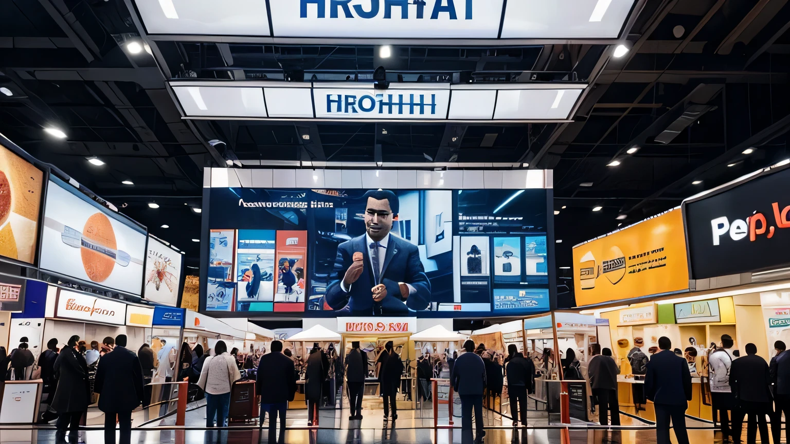 People standing around a trade fair with a large screen in the background