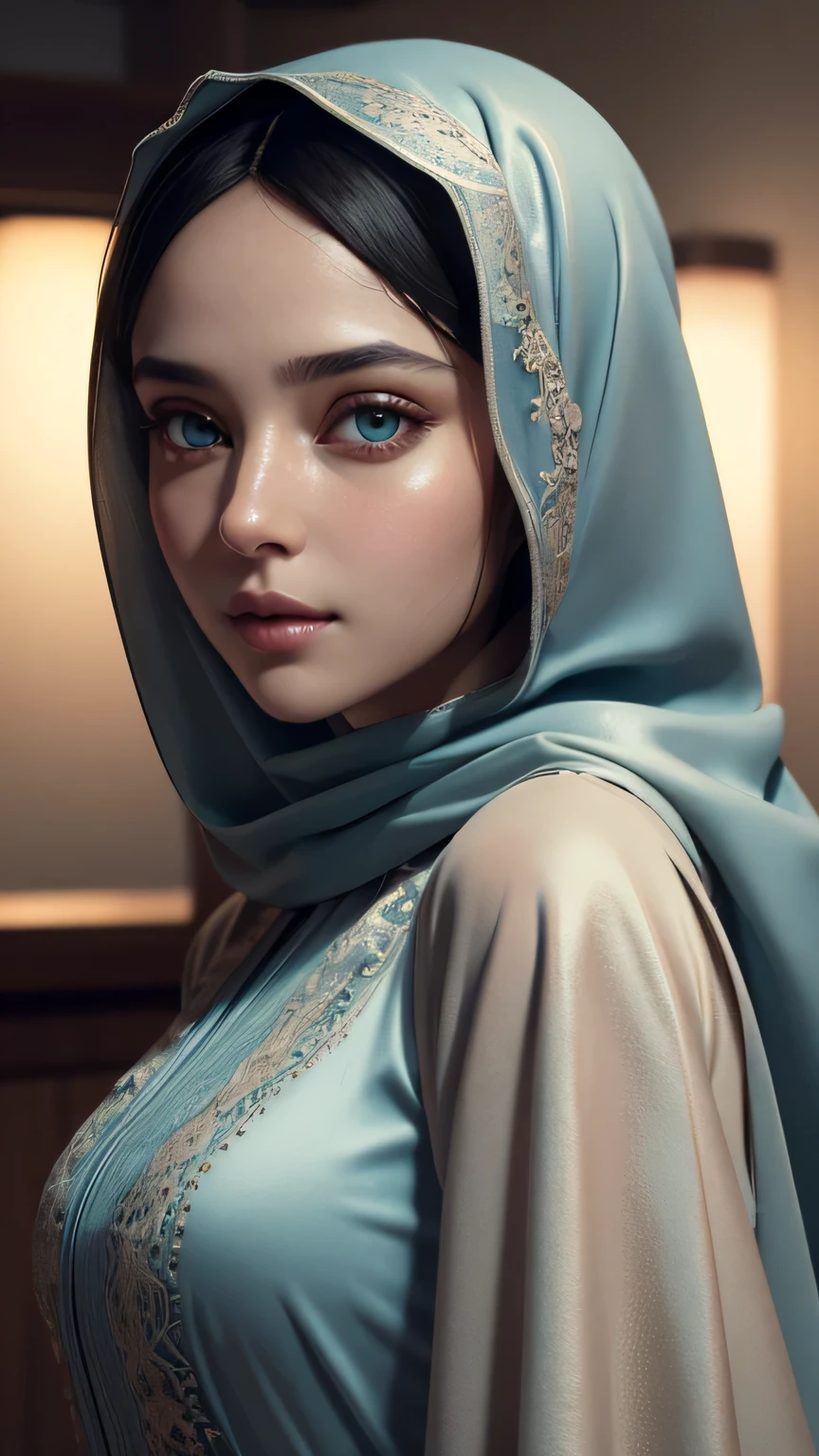 (RAW style, masterpiece, best quality, ultra-detailed) closed-up view , a beautiful satin hijab woman ((beautiful eyes)) wearing pastel color abaya , small breast , exquisite image boasts an ultra-realistic and ultra-detailed representation, with intricate details that capture the depth and nuance of every feature. The depth of field is expertly rendered, adding a sense of dimension and texture to the scene. Octane renders bring out the ultra-definition in the (skin texture, film grain), imbuing the image with a cinematic feel that is further enhanced by the cinematic light, which bathes the girl's face in sidelighting. The ultra high , 