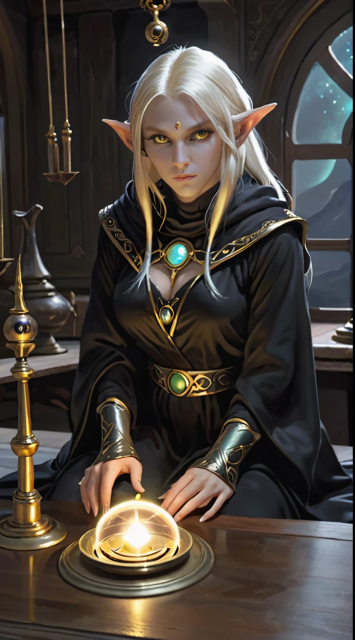 masterpiece, best quality, 1girl, elf, platinum blonde hair, black robe, hooded robe, sitting across table, orrery, mystic, gold trim, looking at viewer, glowing eyes