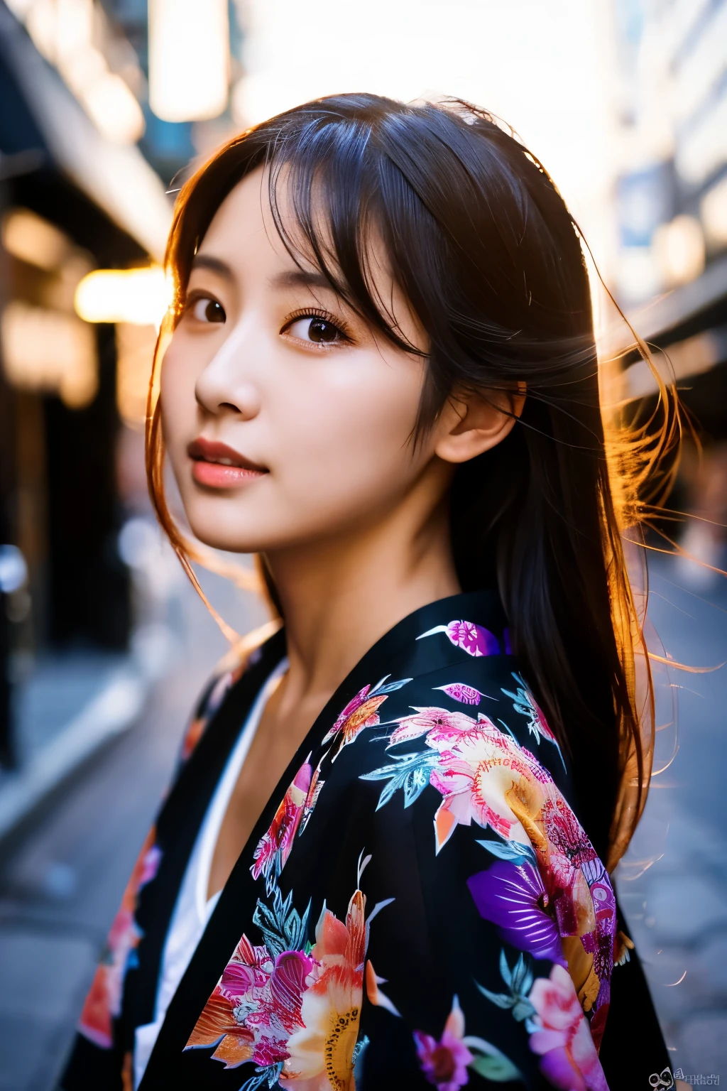 Beautiful Japanese supermodel woman, A lock of hair with slight highlights, black eyes, Sexy,street background,Gorgeous kimono , Liquid color flows across her face, Shooting against the light,Perfect facial lighting,mixed media