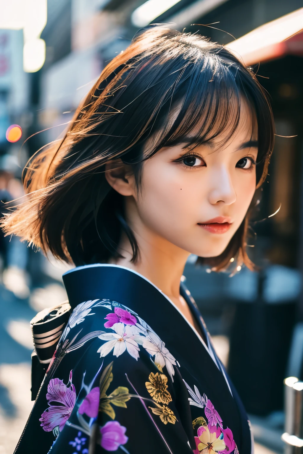 Beautiful Japanese supermodel woman, A lock of hair with slight highlights, black eyes, Sexy,street background,Gorgeous kimono , Liquid color flows across her face, Shooting against the light,Perfect facial lighting,mixed media